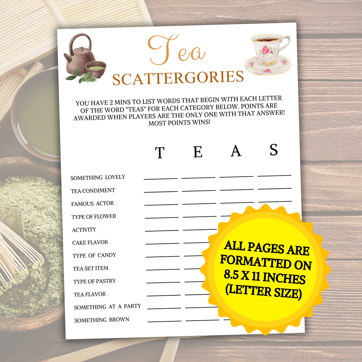 Tea Scattergories Game | Minimalist Tea Party Think Fast Game