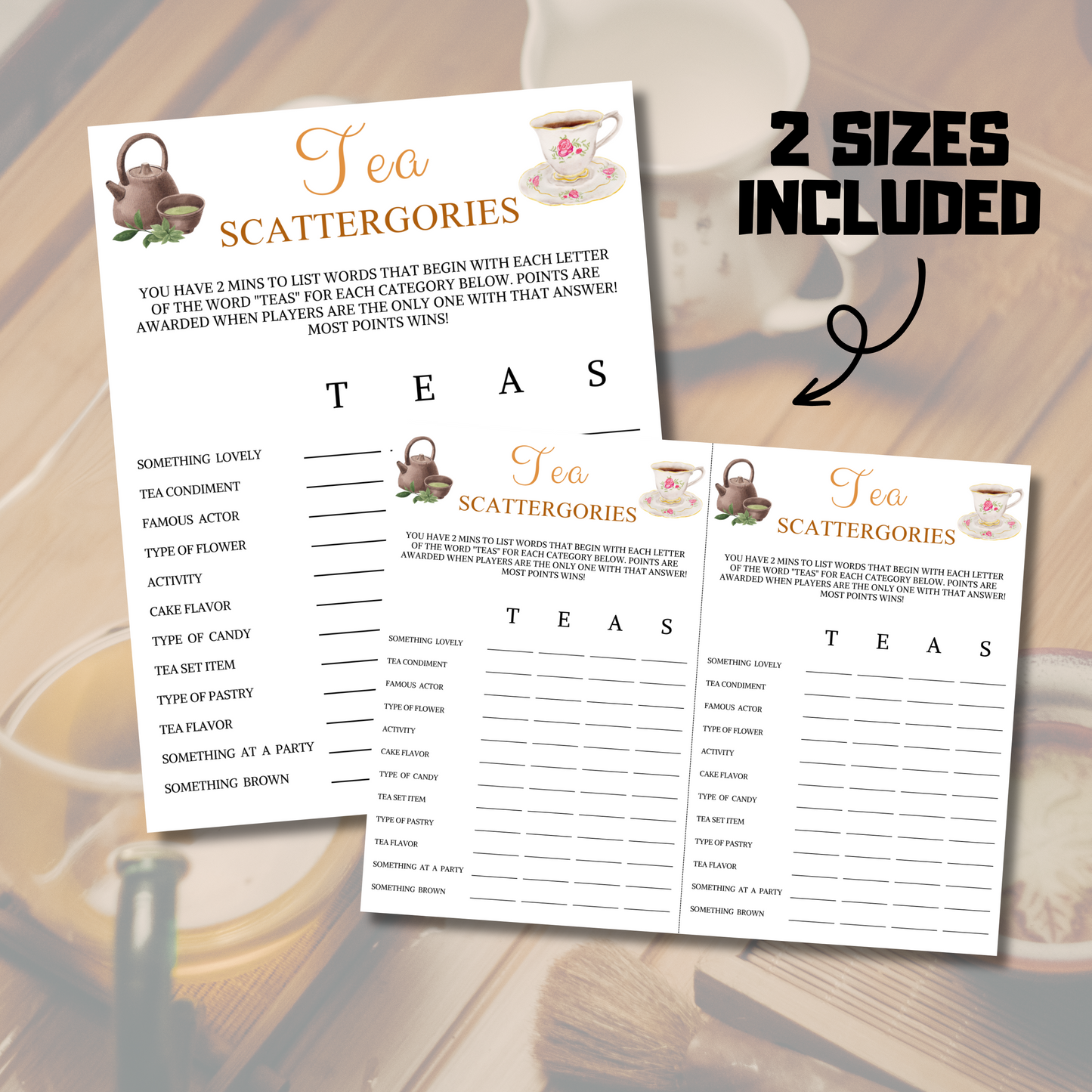 Tea Scattergories Game | Minimalist Tea Party Think Fast Game