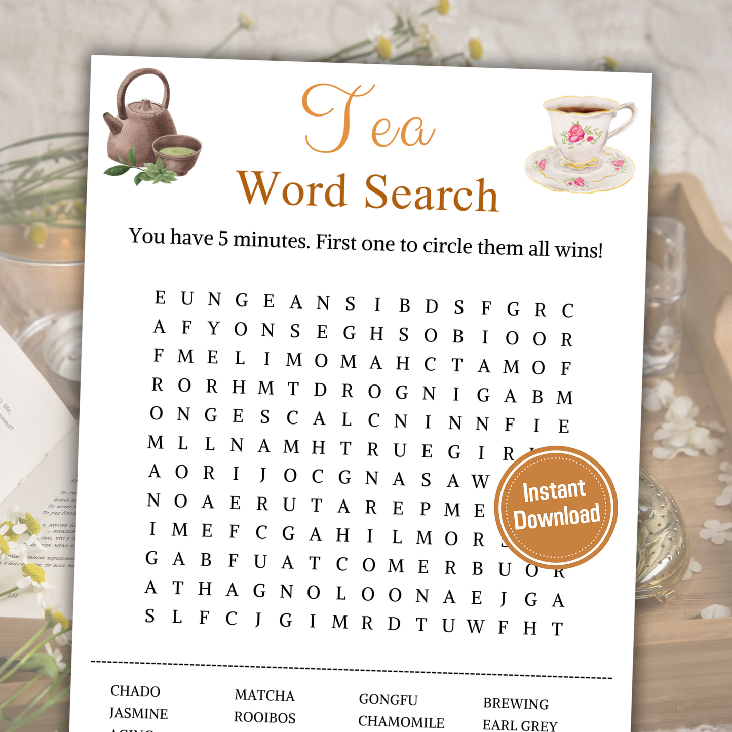 Tea Word Search Game | Minimalist Tea Party Word Find Game