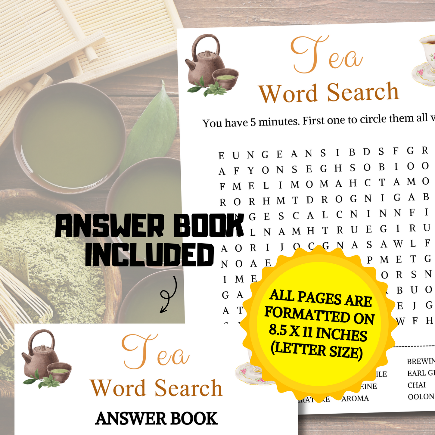 Tea Word Search Game | Minimalist Tea Party Word Find Game