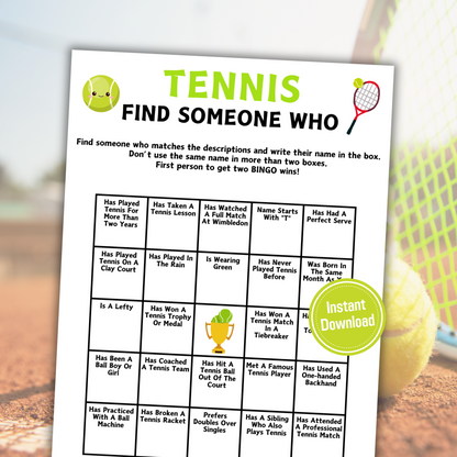 Tennis Find Someone Who Game | Printable Tennis Find The Guest Bingo