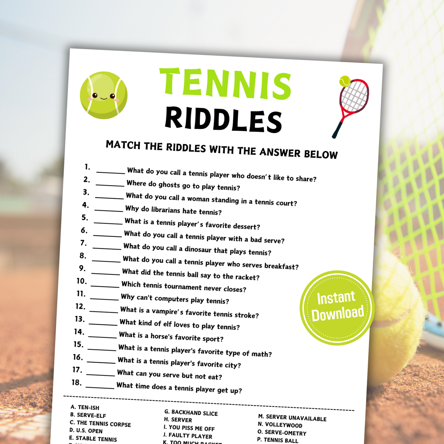 Tennis Riddles Game | Printable Tennis Riddle Me This Games