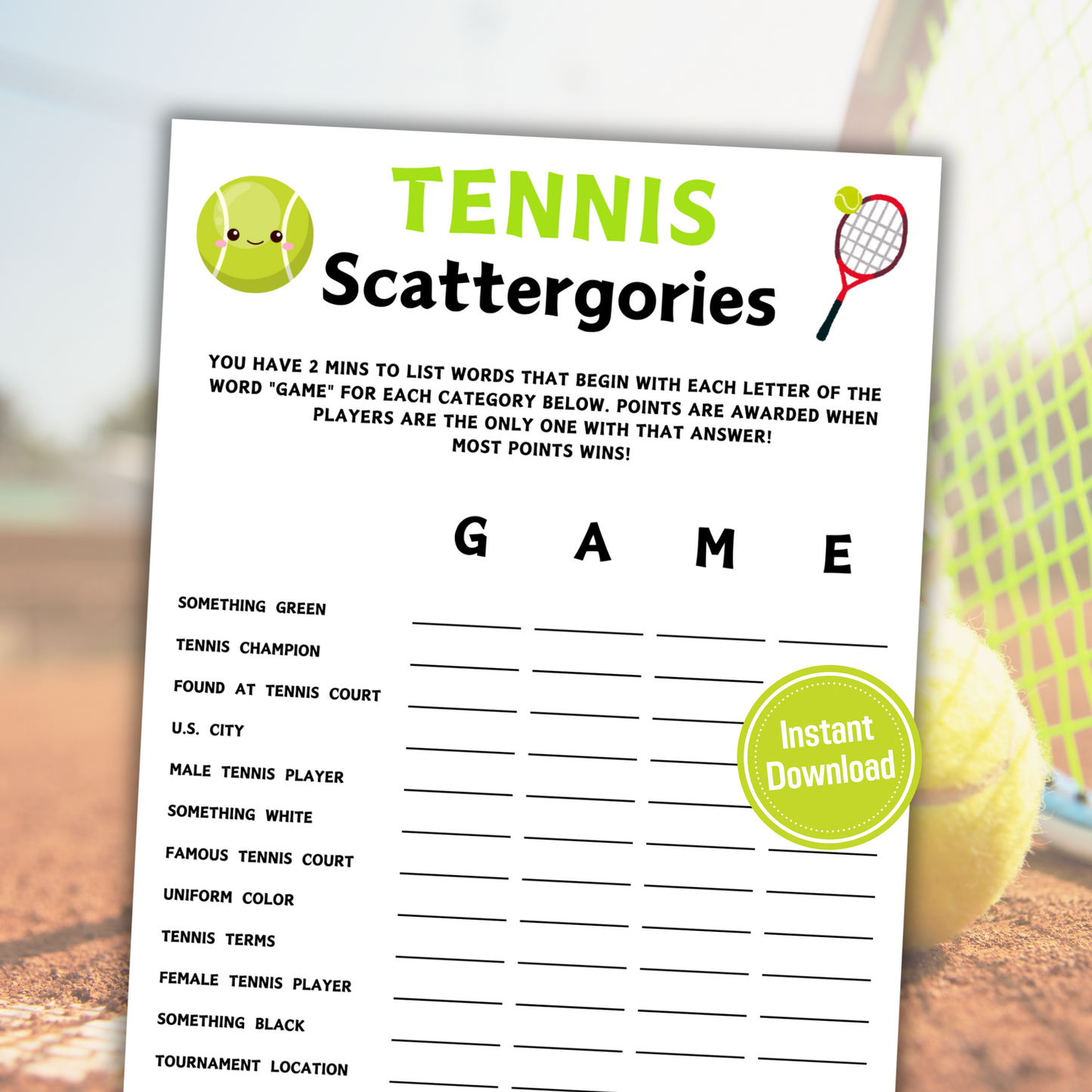 Tennis Scattergories Game | Minimalist Tennis Team Think Fast Game
