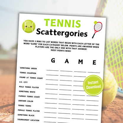 Tennis Scattergories Game | Minimalist Tennis Team Think Fast Game