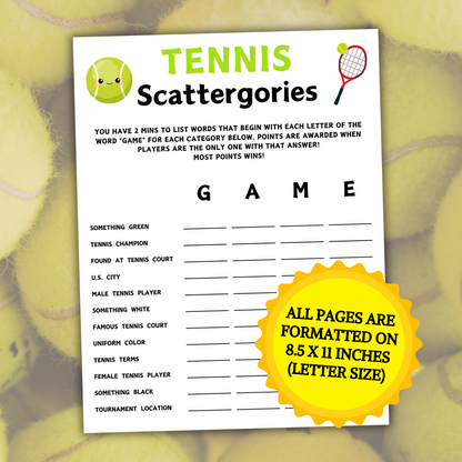 Tennis Scattergories Game | Minimalist Tennis Team Think Fast Game