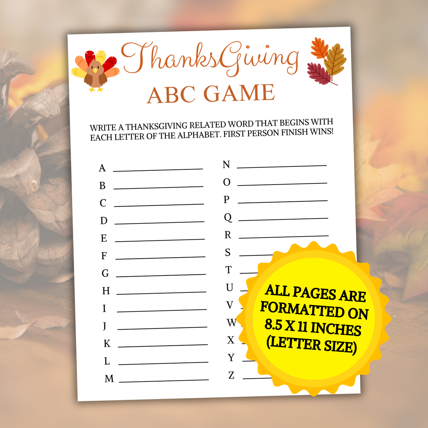 Thanksgiving ABC Game | Printable Thanksgiving Alphabet Game