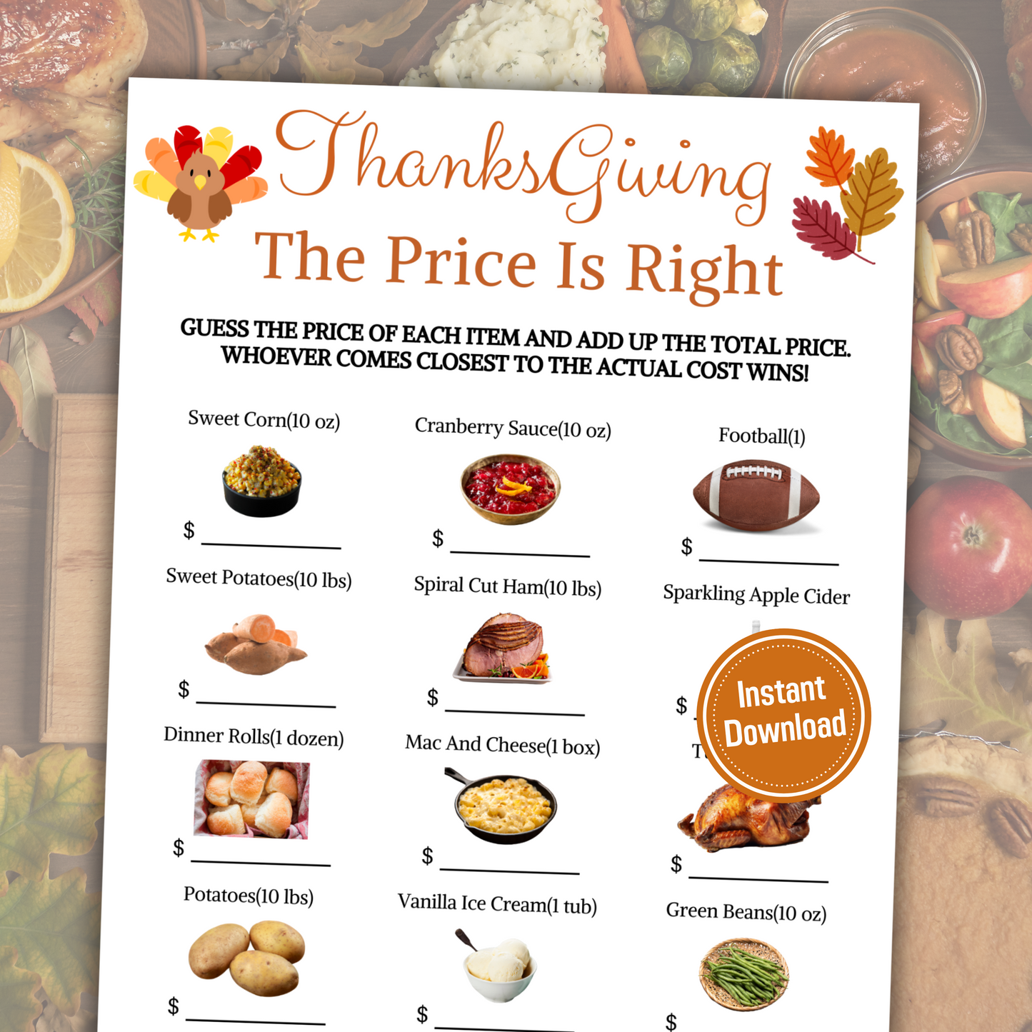 Thanksgiving Dinner Guess Price Game | Printable Thanksgiving The Price Is Right Game