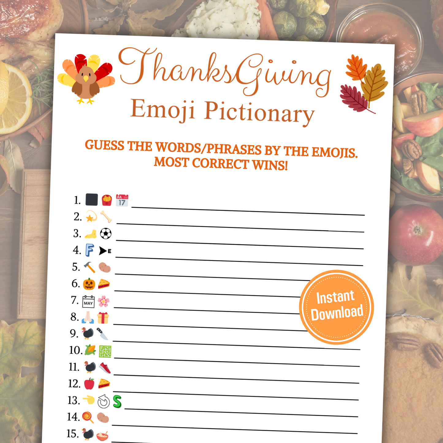 Thanksgiving Emoji Pictionary Game | Thanksgiving Emoji Game