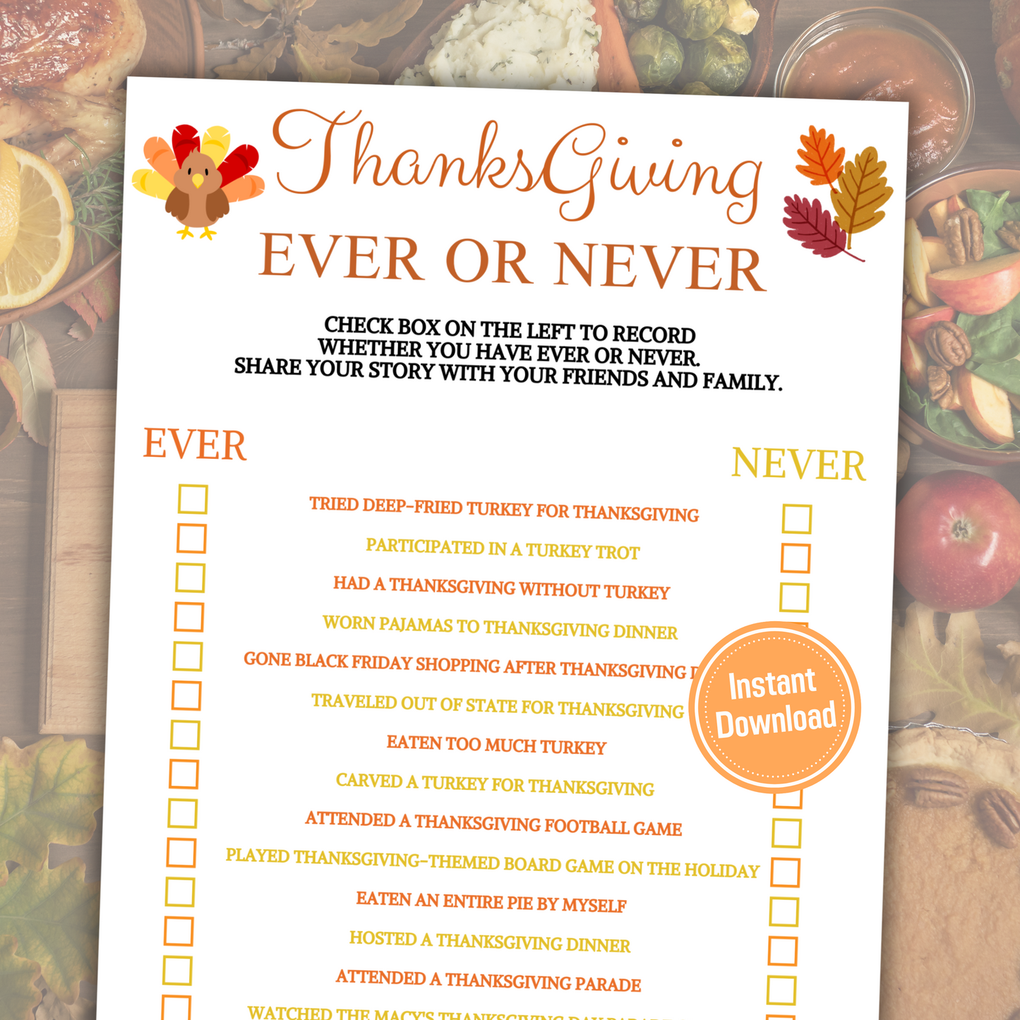 Thanksgiving Ever or Never Game | Minimalist Fall Never Have I Ever Game