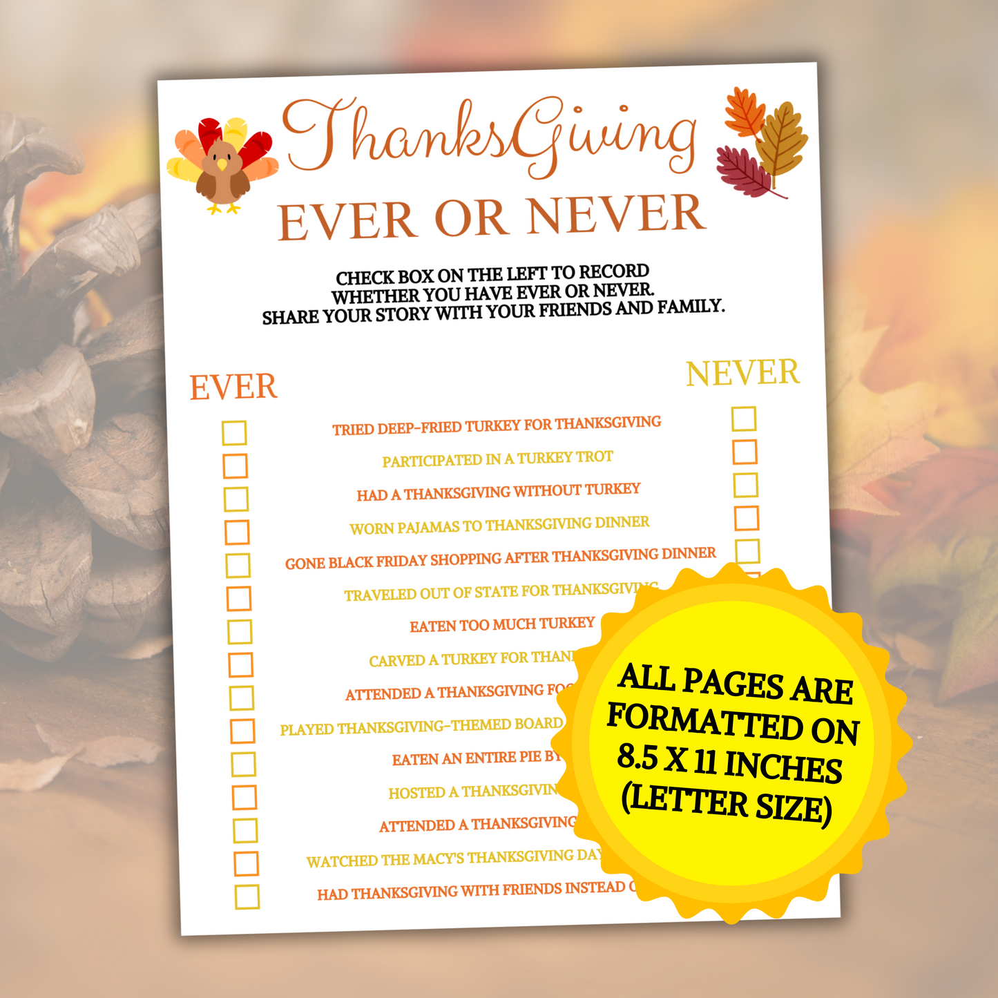 Thanksgiving Ever or Never Game | Minimalist Fall Never Have I Ever Game