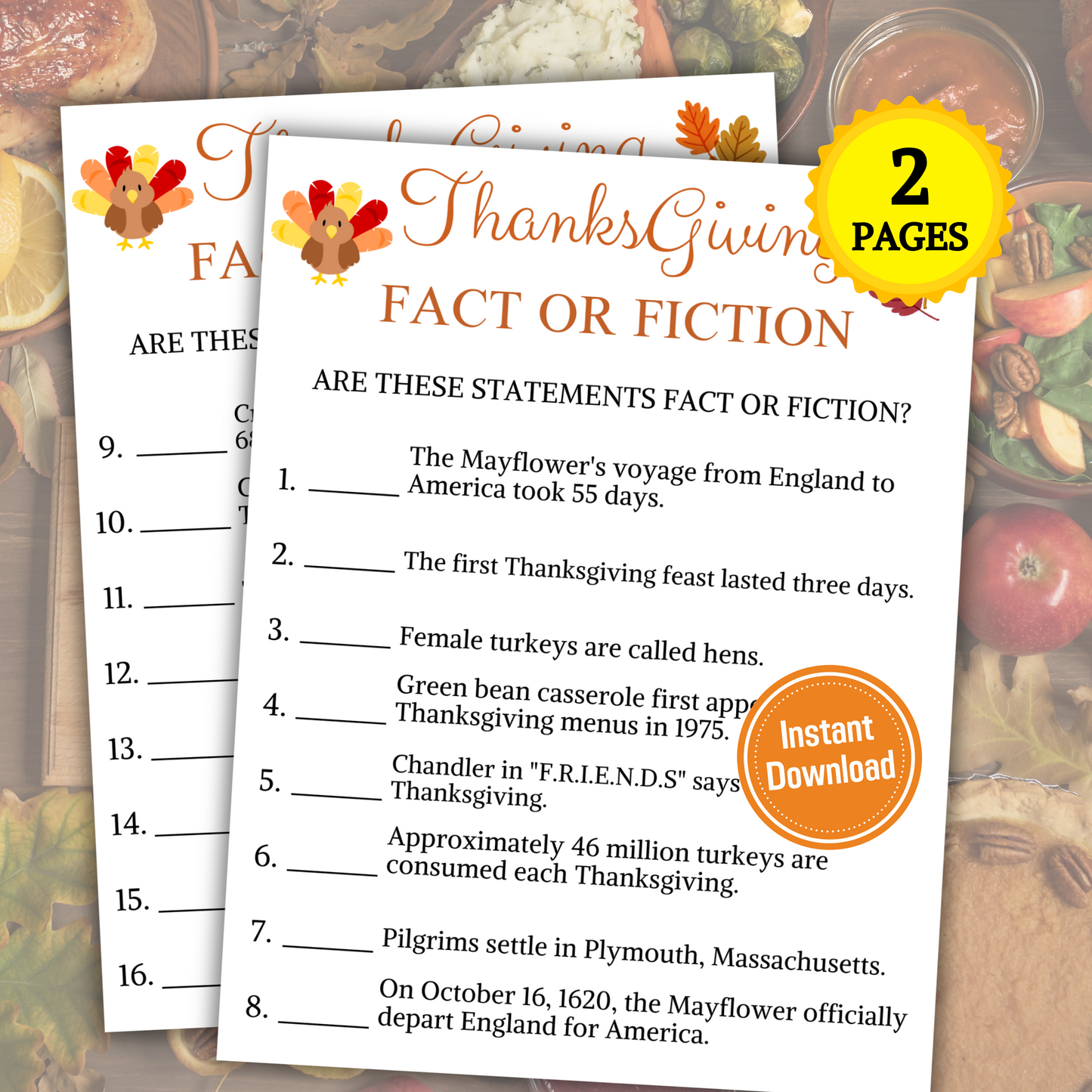 Thanksgiving Fact or Fiction Game | Thanksgiving True or False Game