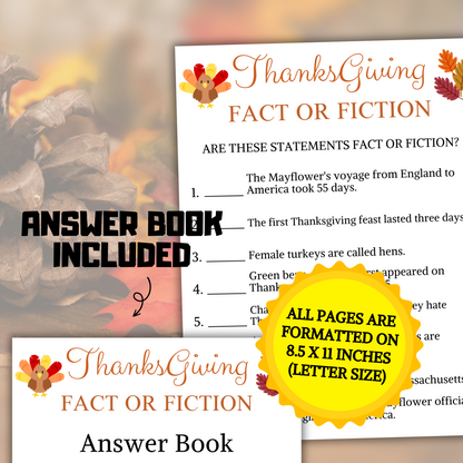 Thanksgiving Fact or Fiction Game | Thanksgiving True or False Game