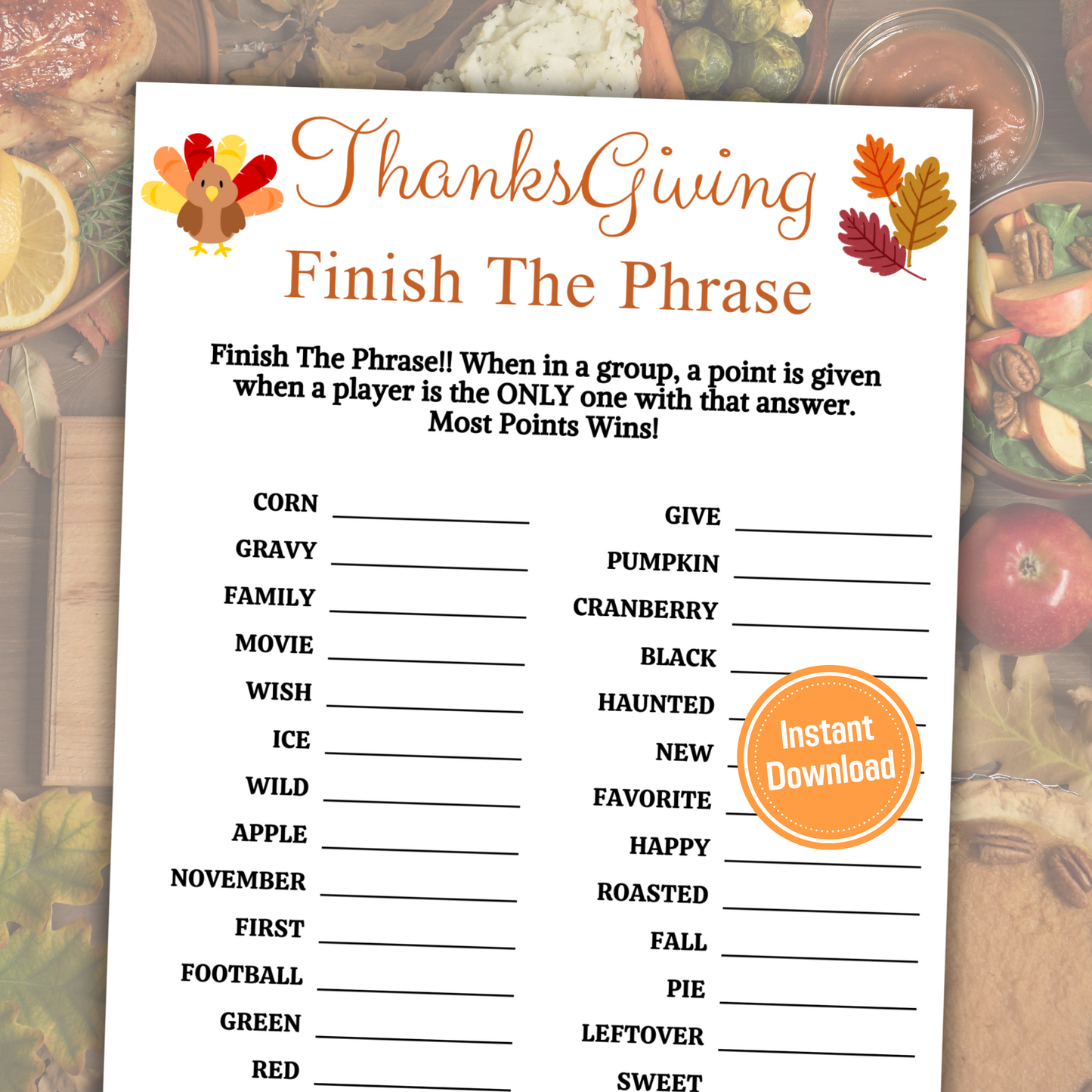 Thanksgiving Finish The Phrase Game | Printable Fill in the Blank Games