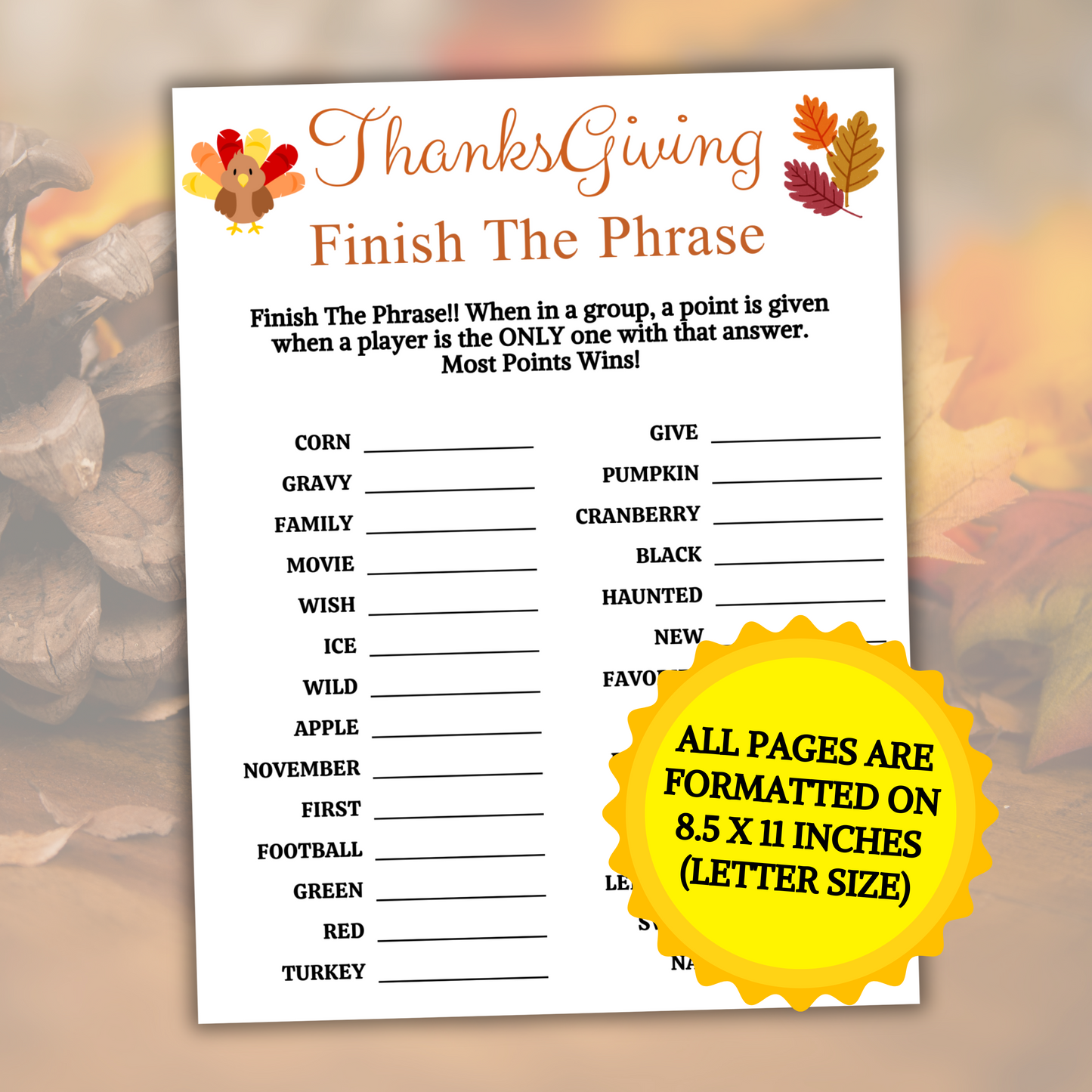 Thanksgiving Finish The Phrase Game | Printable Fill in the Blank Games