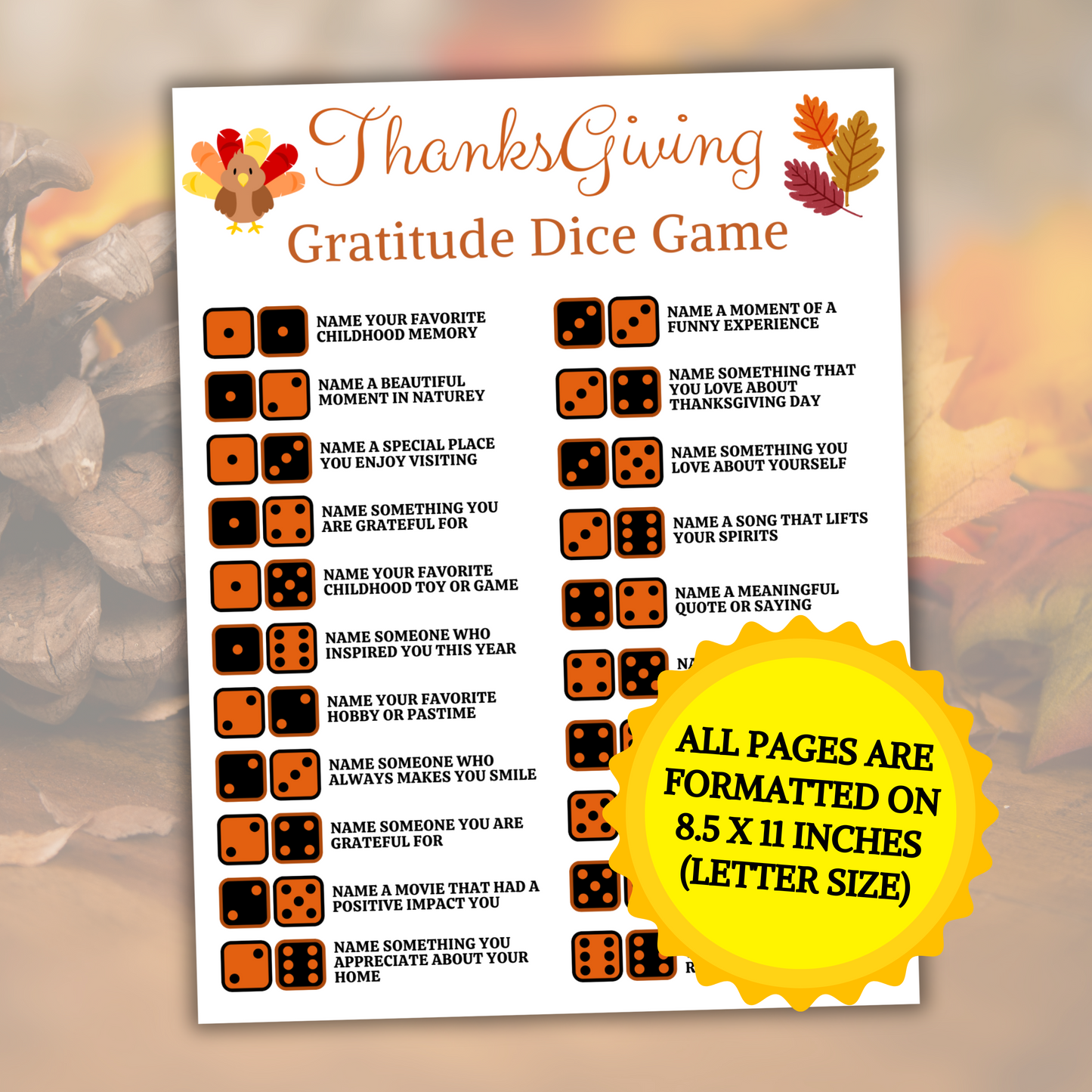 Thanksgiving Gratitude Dice Game | Printable Thanksgiving Games