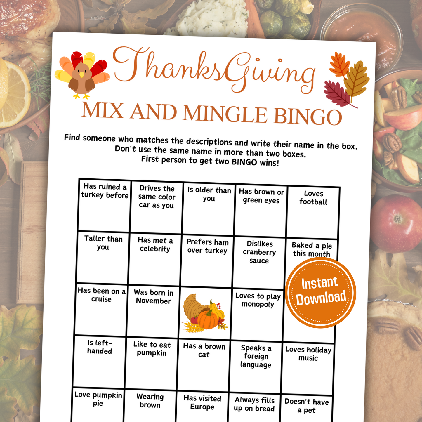 Thanksgiving Mix and Mingle Bingo | Friendsgiving Find The Guest Bingo Game