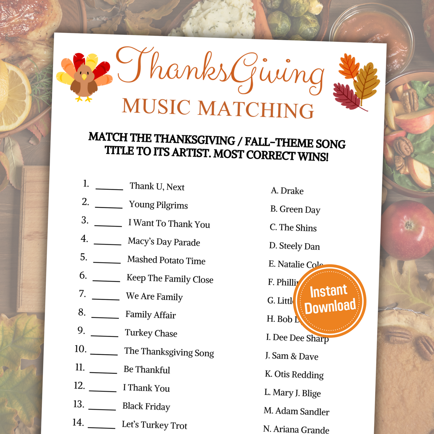 Thanksgiving Music Matching Game | Printable Thanksgiving Match The Song Game