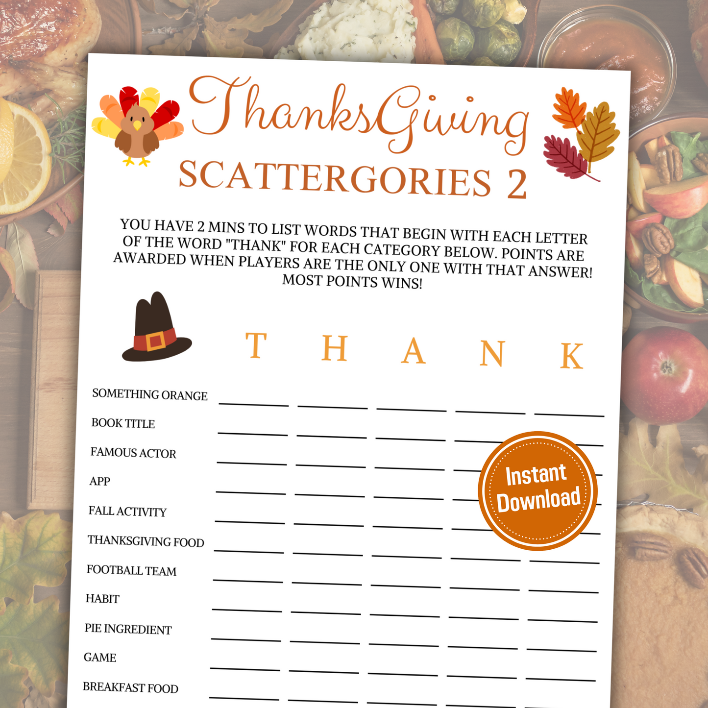 Thanksgiving Scattergories 2 Game | Friendsgiving Think Fast Game