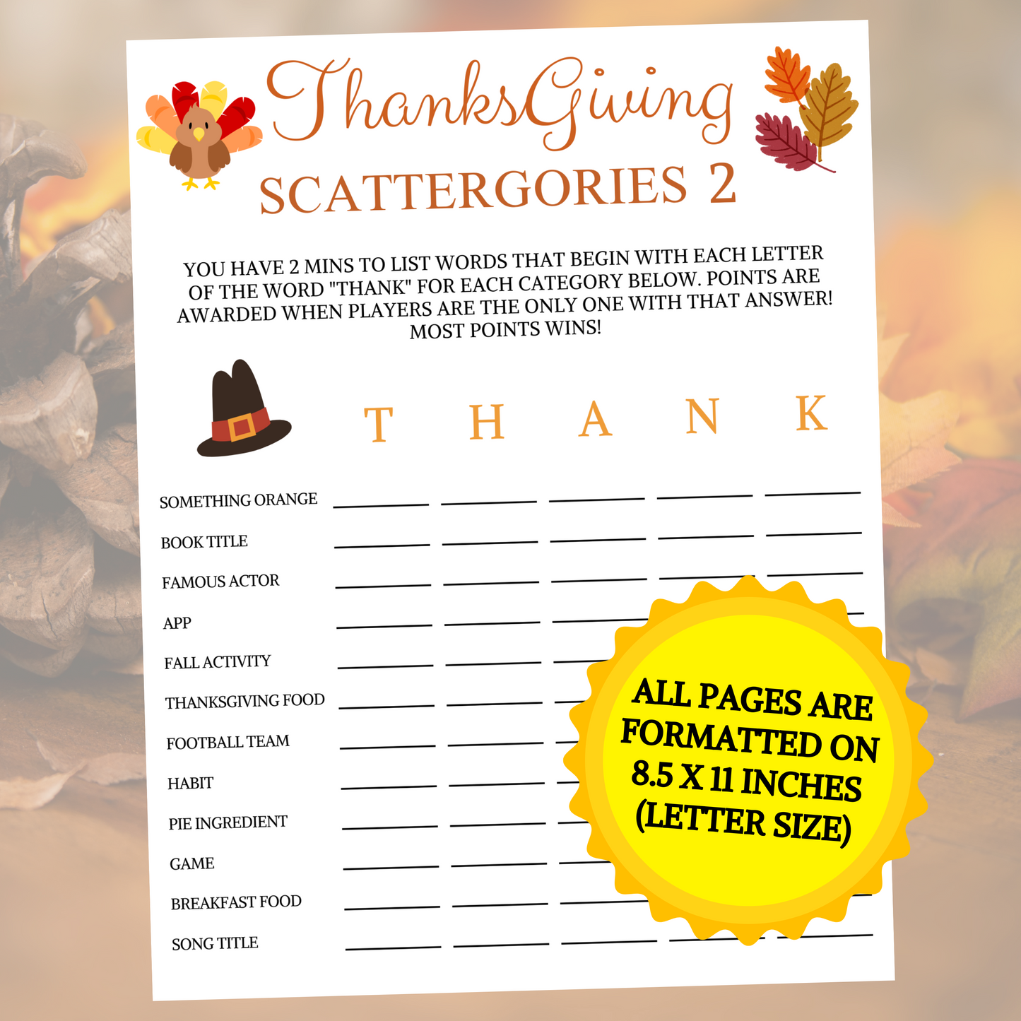 Thanksgiving Scattergories 2 Game | Friendsgiving Think Fast Game