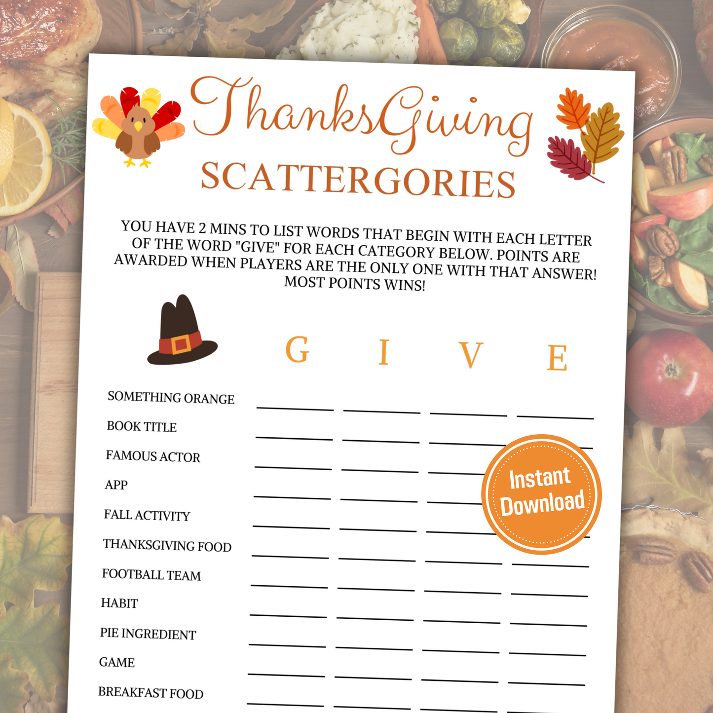 Thanksgiving Scattergories Game | Thanksgiving Think Fast Game