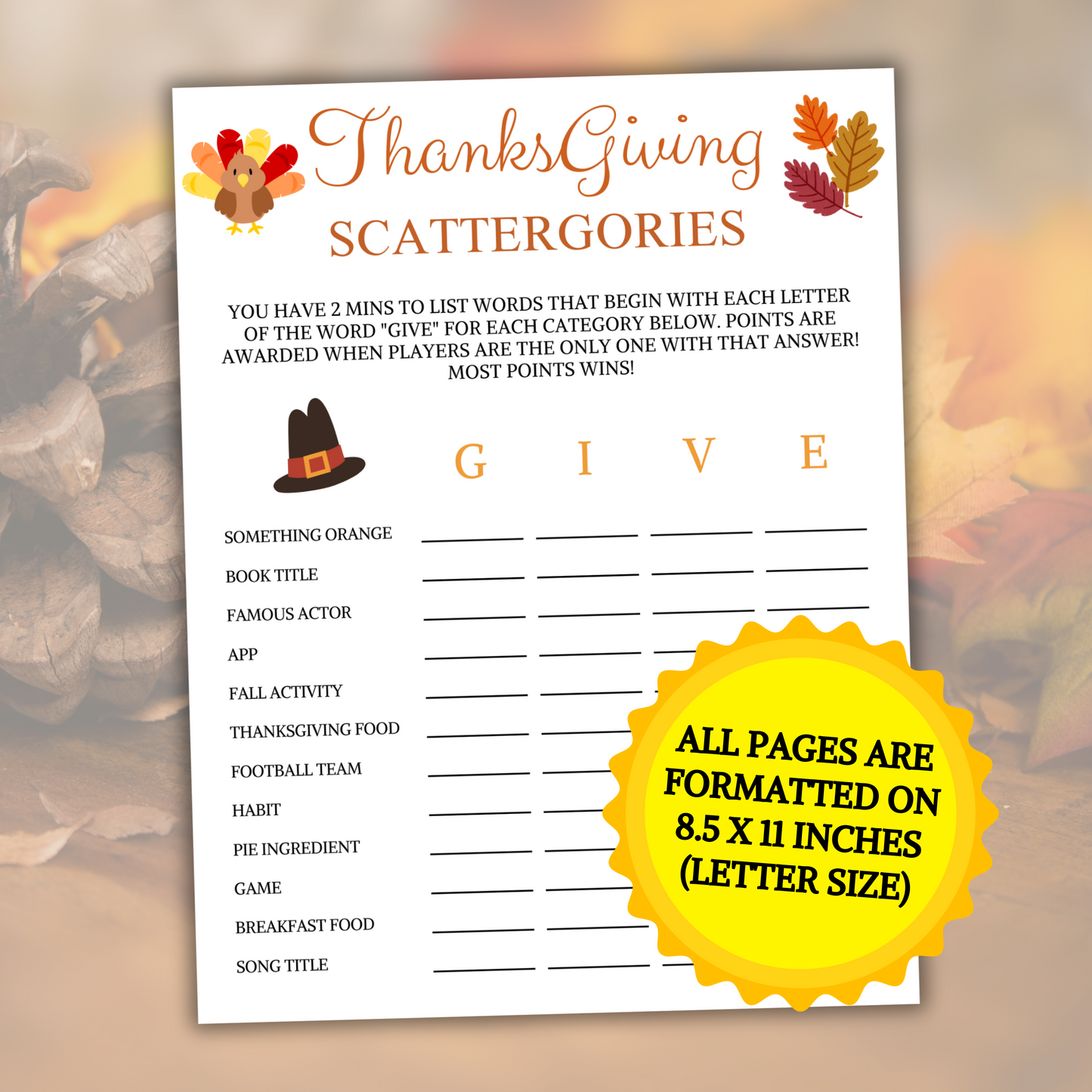 Thanksgiving Scattergories Game | Thanksgiving Think Fast Game