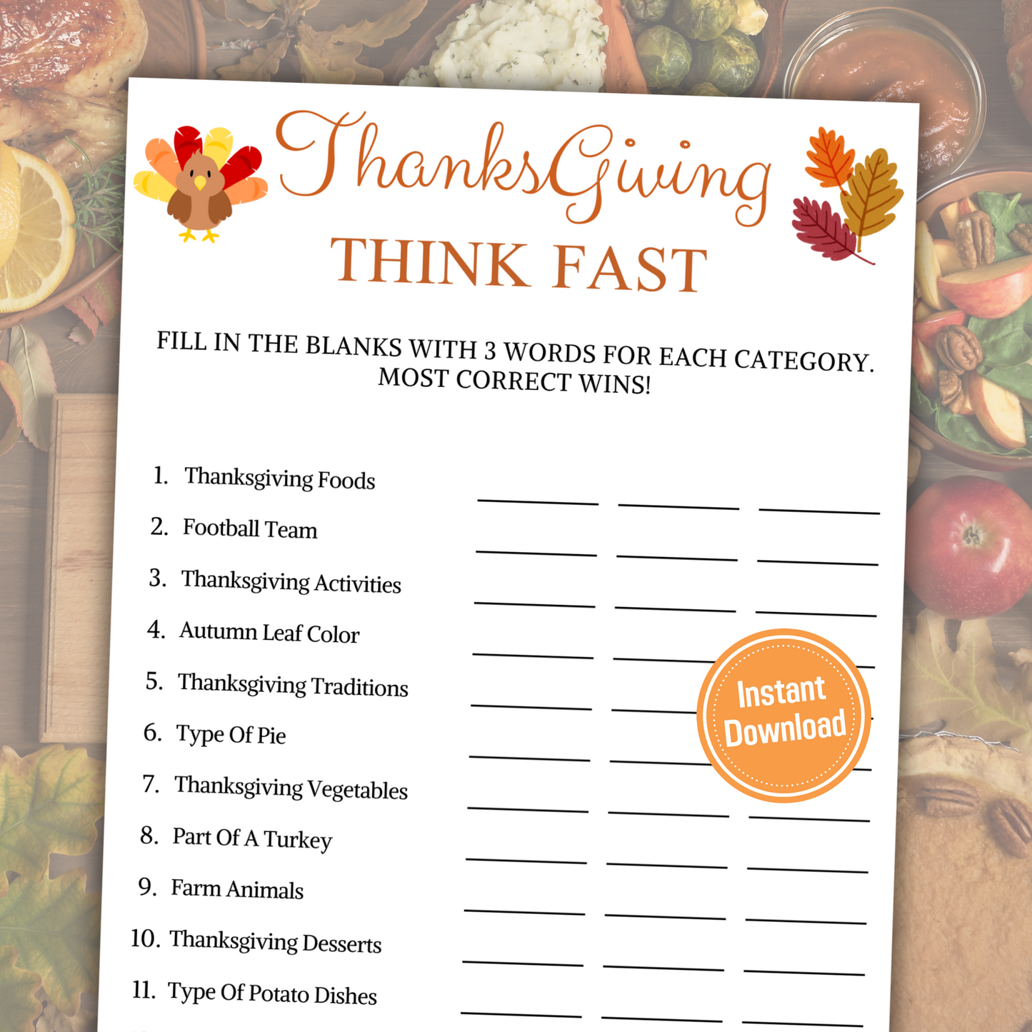 Thanksgiving Think Fast Game | Thanksgiving Trivia Game