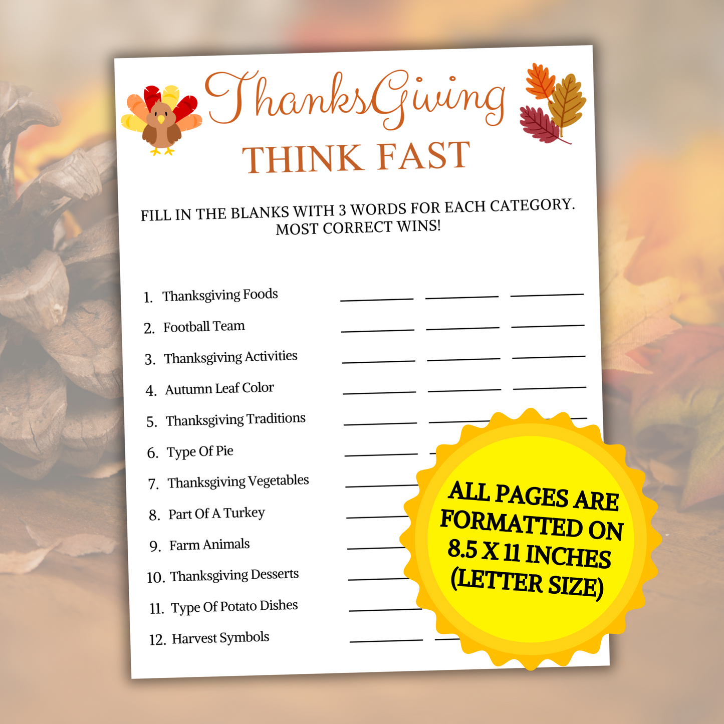 Thanksgiving Think Fast Game | Thanksgiving Trivia Game