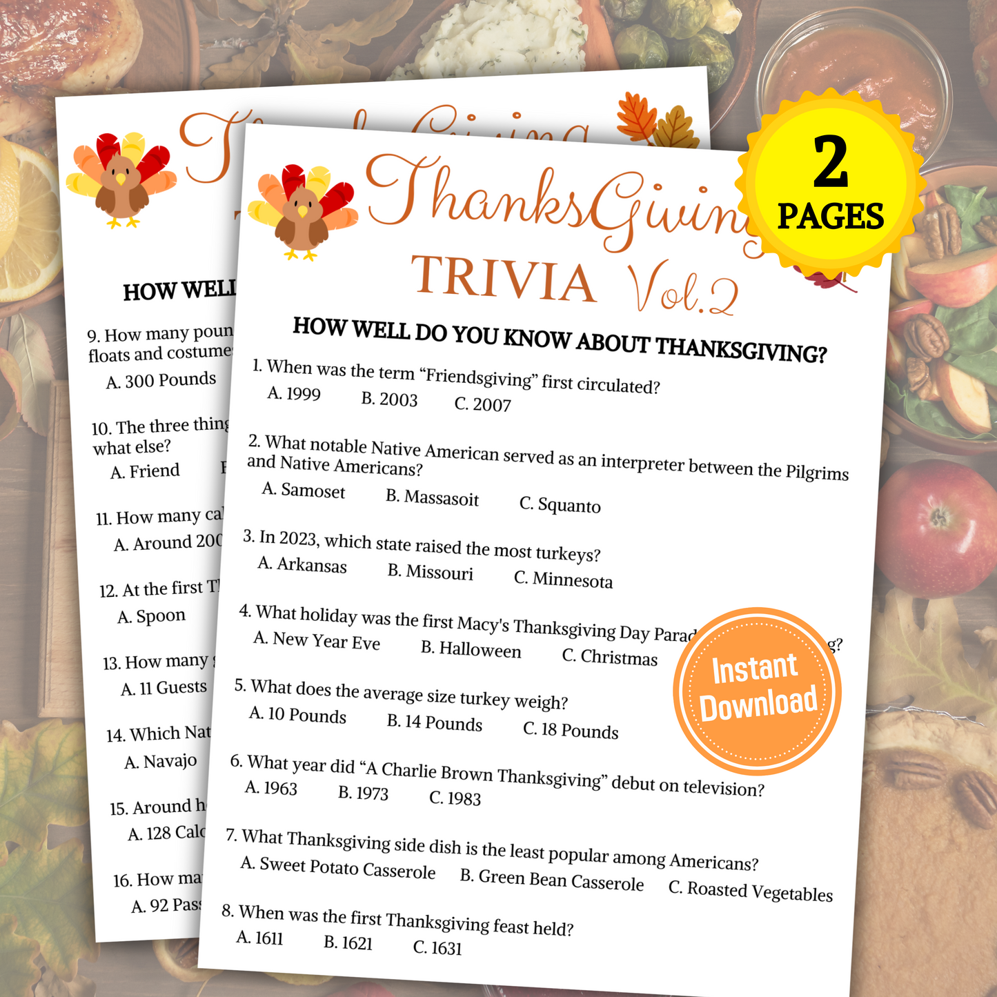 Thanksgiving Trivia Game Volume 2 | Printable Thanksgiving Party Games