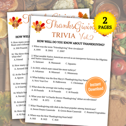 Thanksgiving Trivia Game Volume 2 | Printable Thanksgiving Party Games