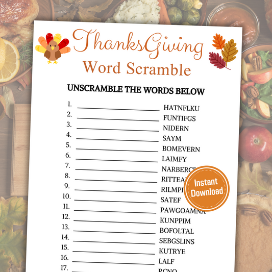 Thanksgiving Word Scramble Game | Thanksgiving Word Game