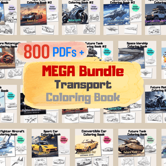 Ultimate Transport Coloring Book Mega Bundle, 800 Pages Detailed Illustrations + 20 Cover