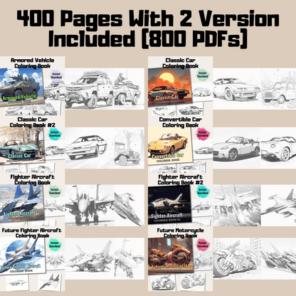 Ultimate Transport Coloring Book Mega Bundle, 800 Pages Detailed Illustrations + 20 Cover