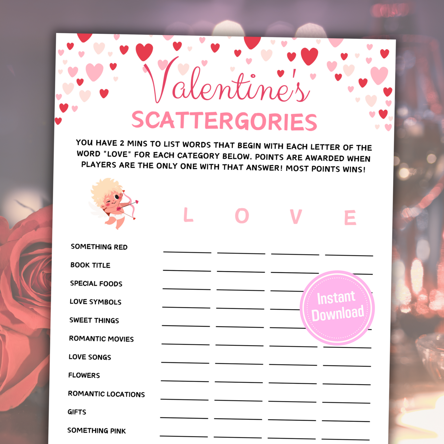 Valentine's Day Scattergories Game | Valentines Day Love Think Fast Game