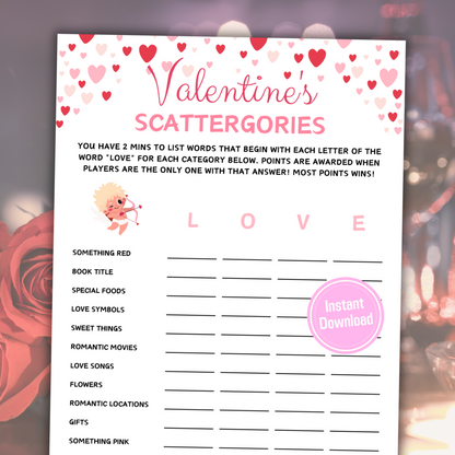 Valentine's Day Scattergories Game | Valentines Day Love Think Fast Game