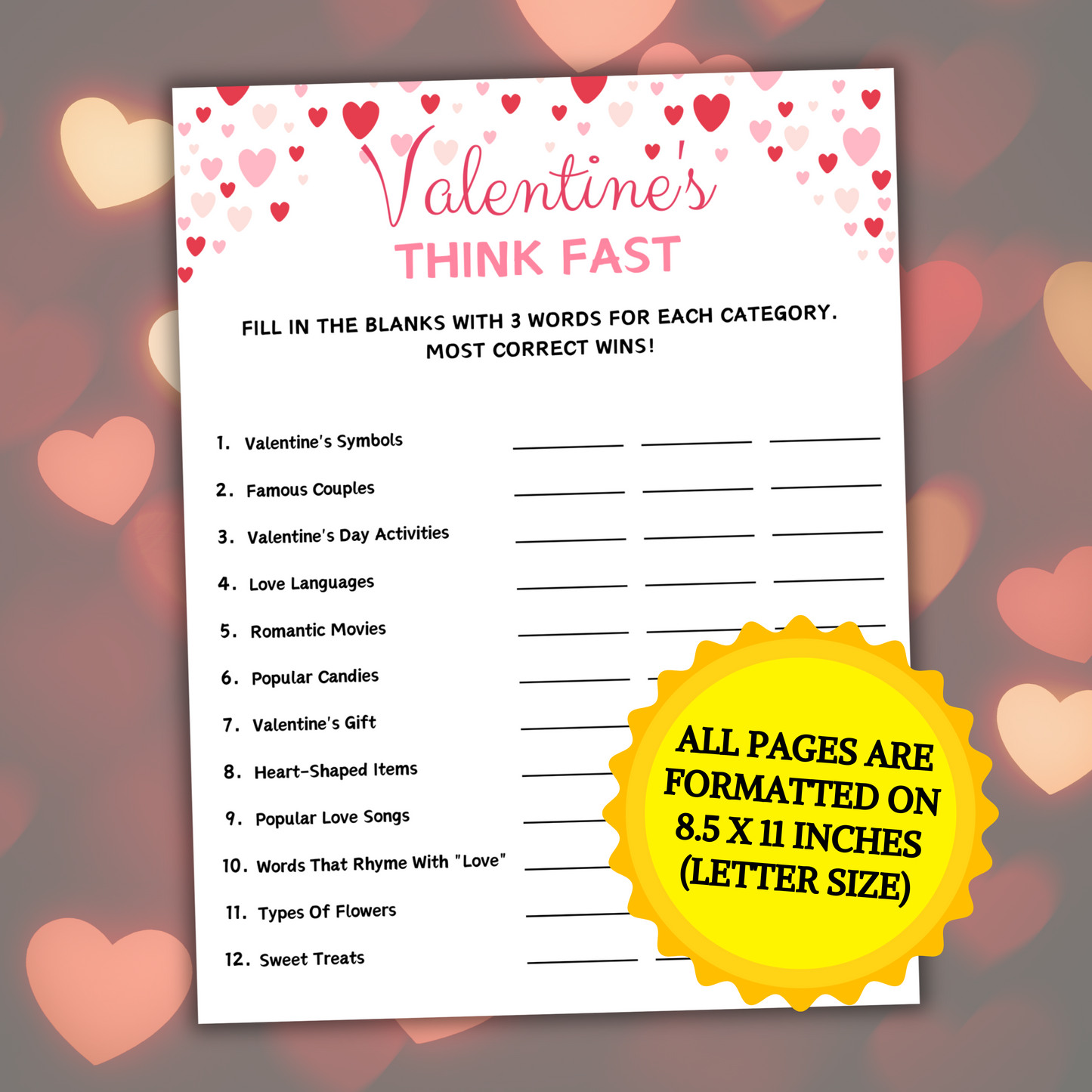 Valentine's Day Think Fast Game | Valentines Day Trivia Game