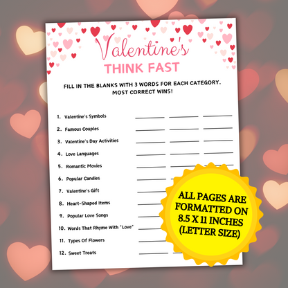 Valentine's Day Think Fast Game | Valentines Day Trivia Game