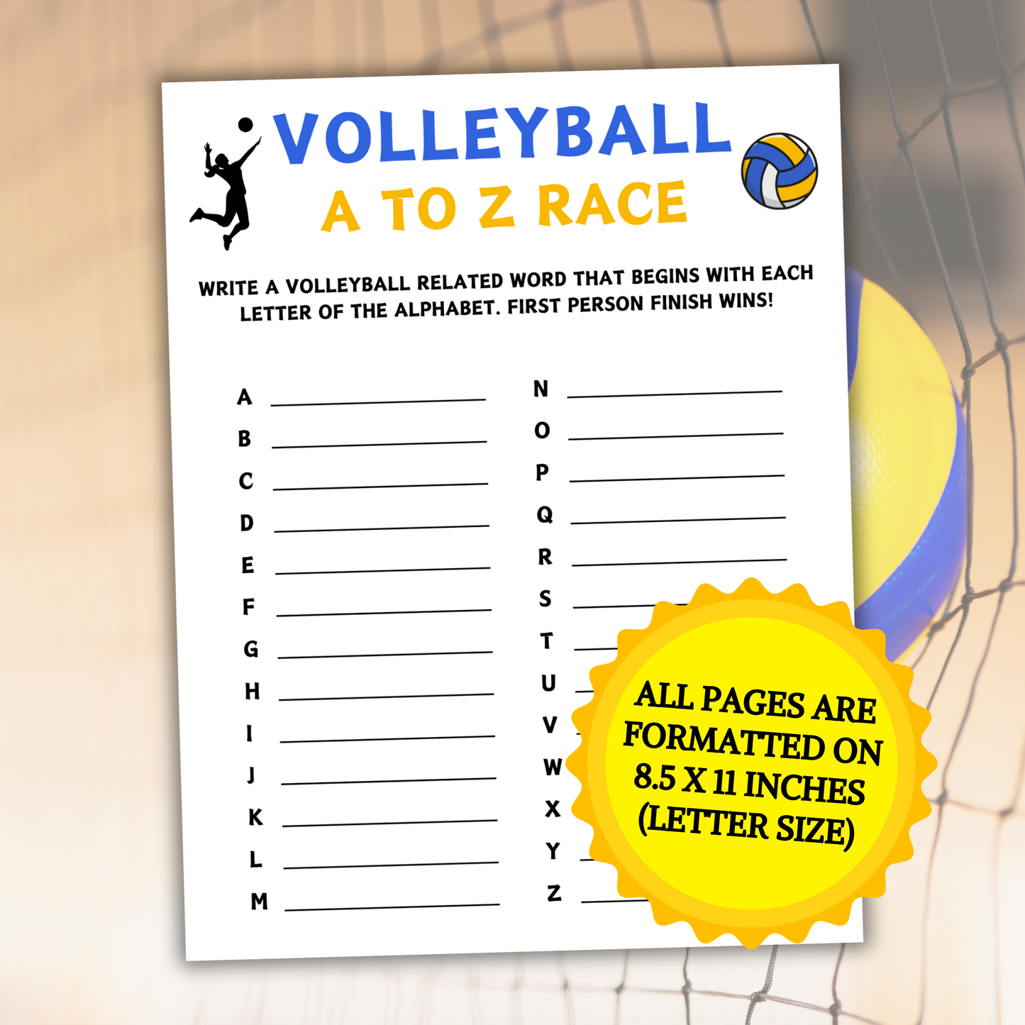 Volleyball A To Z Race Game | Printable Volleyball Team ABC Race Games
