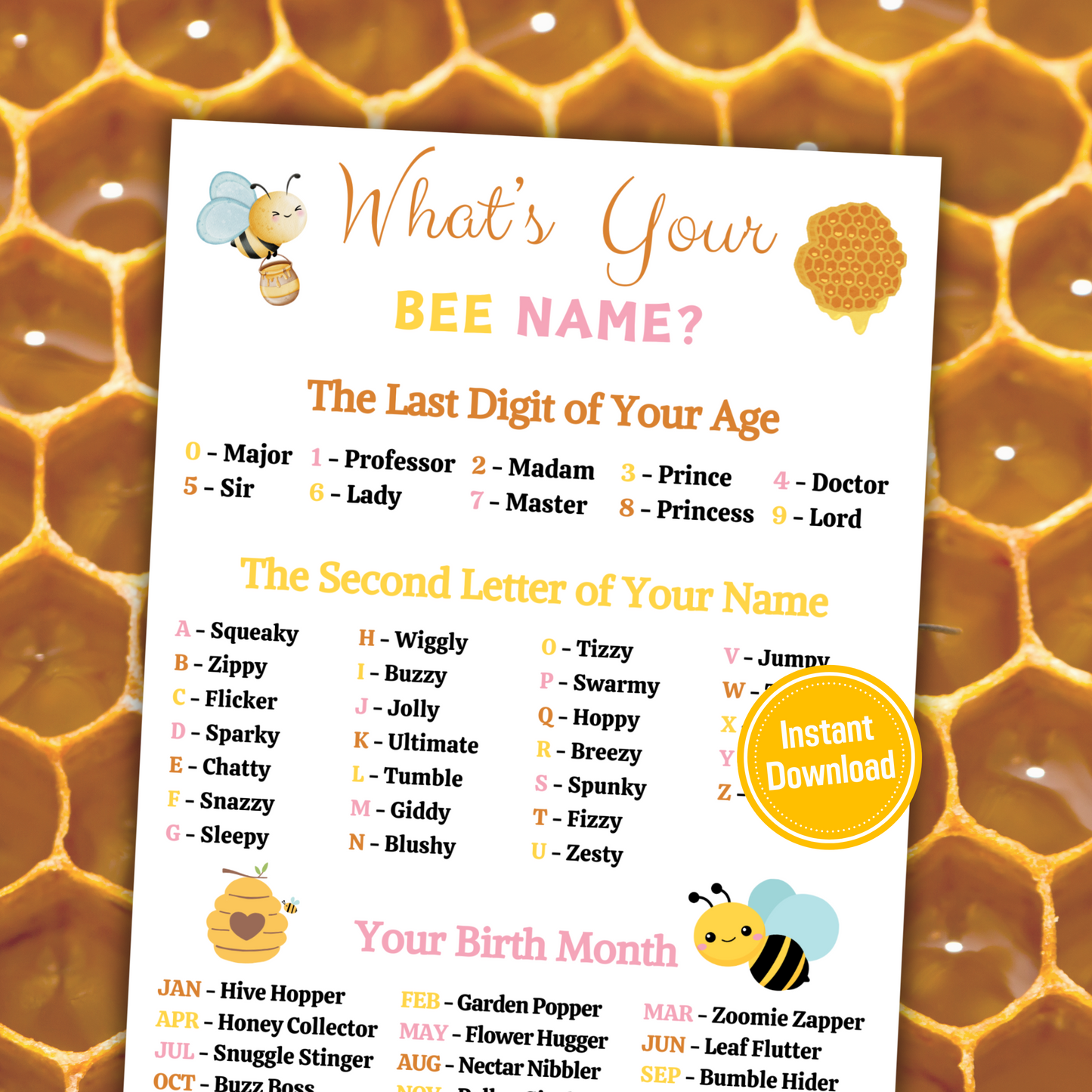 What's Your Bee Name Game | Printable Bee Name Generator